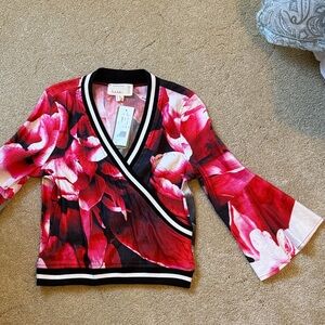 Nicole Miller Red and Black Floral Wrap Top